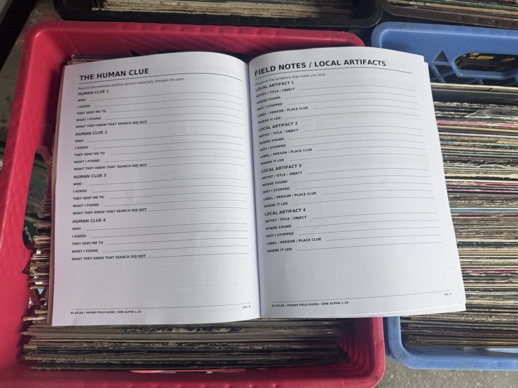 Open 45 Atlas guide showing The Human Clue and Field Notes / Local Artifacts pages across crates of vinyl records
