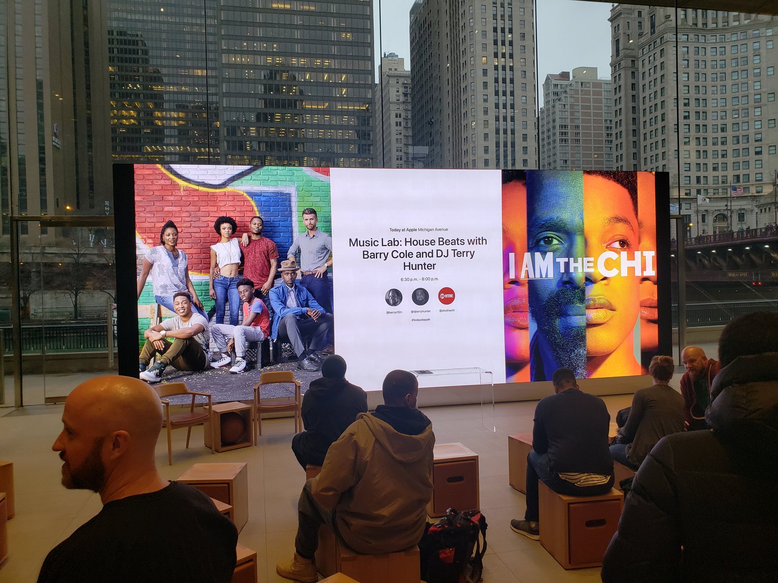 Large Apple Michigan Avenue screen promoting the Music Lab: House Beats event with Barry Cole and DJ Terry Hunter for The Chi