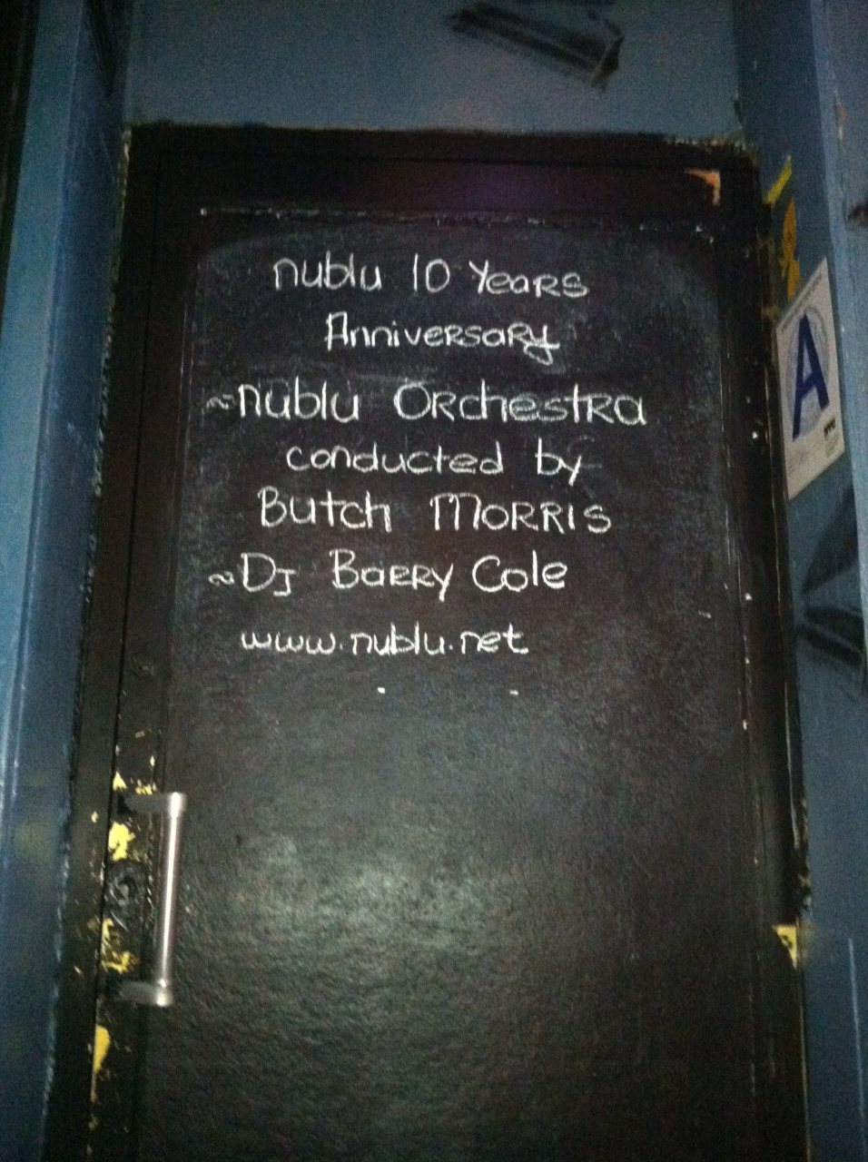 Handwritten Nublu 10th Anniversary listing for the Nublu Orchestra conducted by Butch Morris and DJ Barry Cole